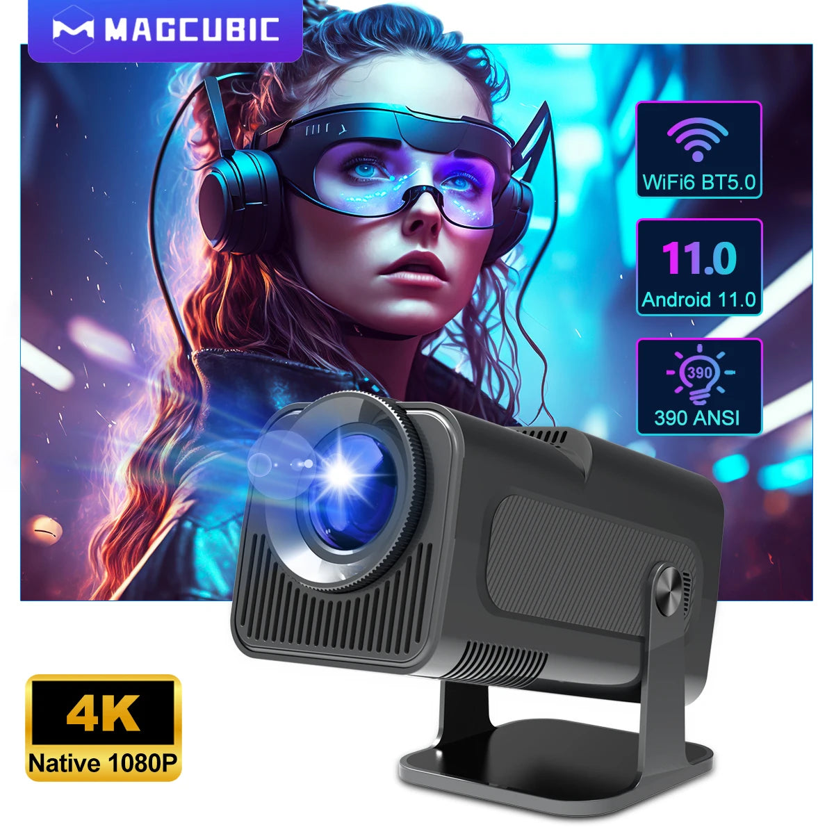 HY320 Mini Projector  4K Native 1080P Android 11 Projector 390ANSI  Dual Wifi6 BT5.0 Cinema Outdoor Portable Projector - MAGCUBIC